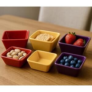 Pampered Chef 2000s Simple Additions 6 Square Ceramic Bowls Red Yellow Purple